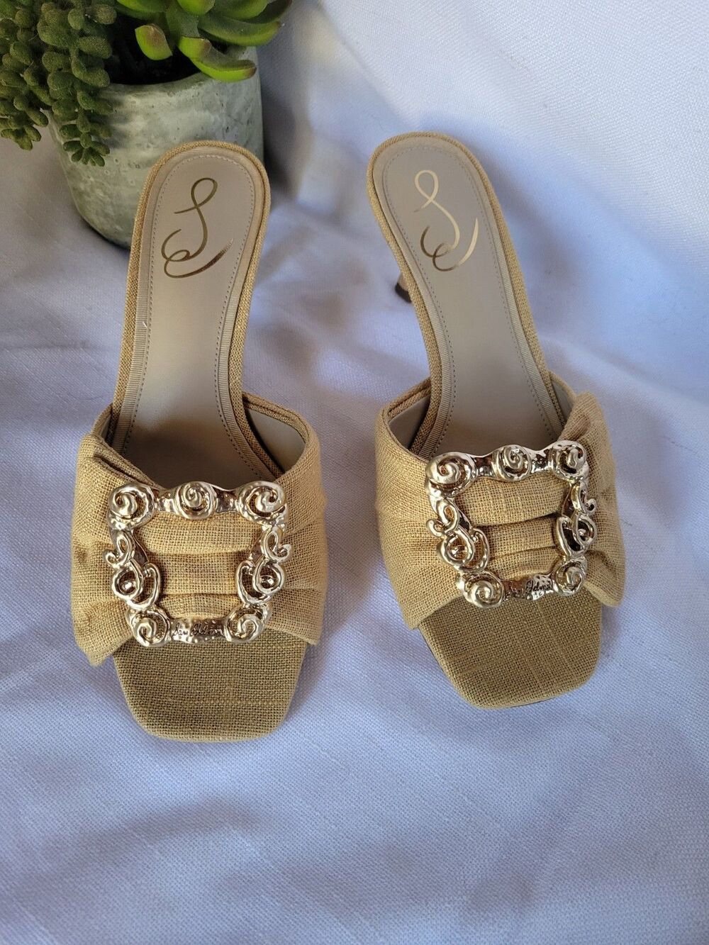 San Edelman Women's Pietra Dsrt Sun Linen Kitten-Heel sandals Size 7.5 Yellow
